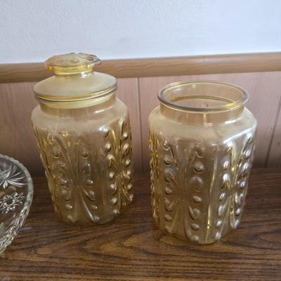 Vintage Amber Glass Kitchen Set – Pitcher, Storage Jars & Starburst Platter