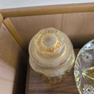 Vintage Amber Glass Kitchen Set – Pitcher, Storage Jars & Starburst Platter