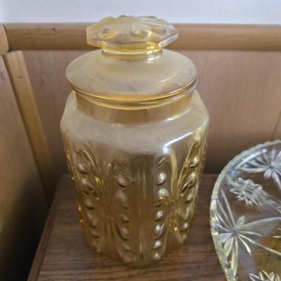 Vintage Amber Glass Kitchen Set – Pitcher, Storage Jars & Starburst Platter
