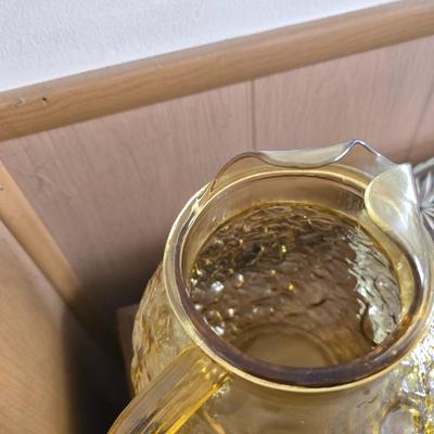 Vintage Amber Glass Kitchen Set – Pitcher, Storage Jars & Starburst Platter