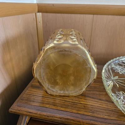 Vintage Amber Glass Kitchen Set – Pitcher, Storage Jars & Starburst Platter