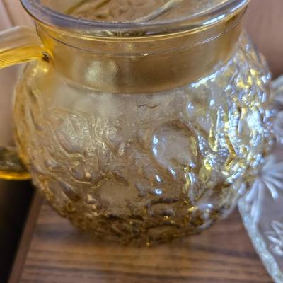 Vintage Amber Glass Kitchen Set – Pitcher, Storage Jars & Starburst Platter