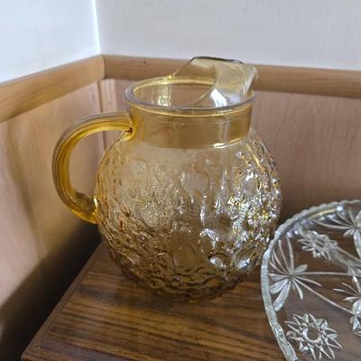 Vintage Amber Glass Kitchen Set – Pitcher, Storage Jars & Starburst Platter