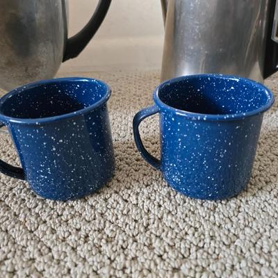 Vintage Coffee & Camp Mug Lot – Aluminum Pots & Blue Speckled Enamel Cups