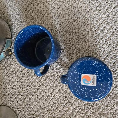 Vintage Coffee & Camp Mug Lot – Aluminum Pots & Blue Speckled Enamel Cups