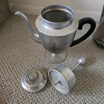 Vintage Coffee & Camp Mug Lot – Aluminum Pots & Blue Speckled Enamel Cups