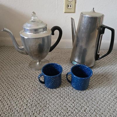 Vintage Coffee & Camp Mug Lot – Aluminum Pots & Blue Speckled Enamel Cups