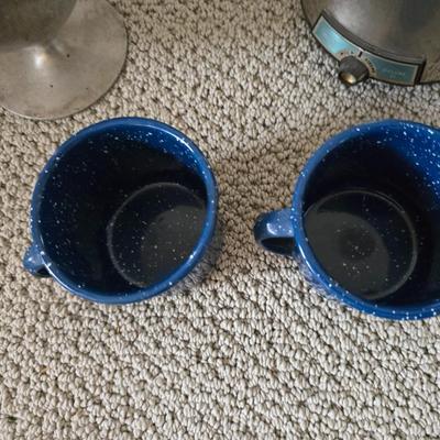 Vintage Coffee & Camp Mug Lot – Aluminum Pots & Blue Speckled Enamel Cups