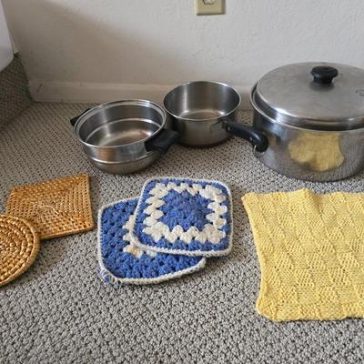 Assorted Kitchen Cookware & Handmade Hot Pads Lot Stainless steel pan set