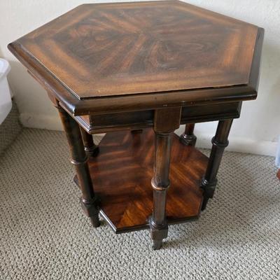 Vintage Hexagonal Two-Tier Wood Side Table