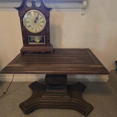 Vintage Wood Pedestal side Table with Regulator Mantel Clock