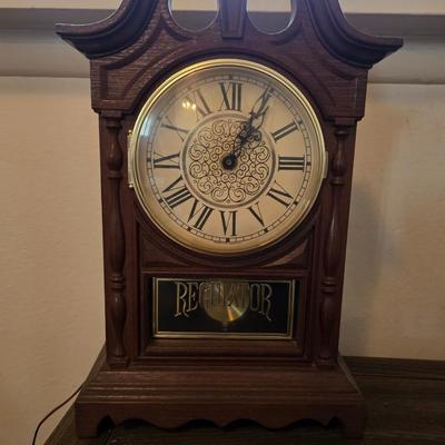 Vintage Wood Pedestal side Table with Regulator Mantel Clock