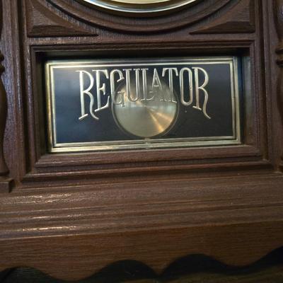 Vintage Wood Pedestal side Table with Regulator Mantel Clock