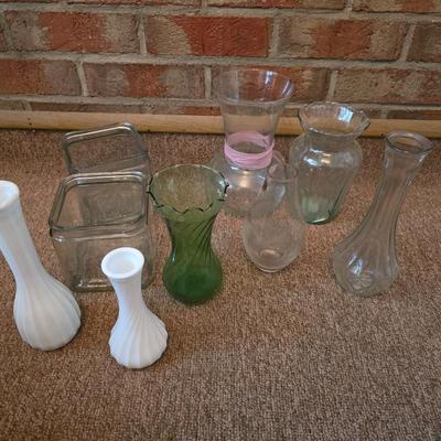 Lot of 9 Assorted Glass and Milk Glass Vases