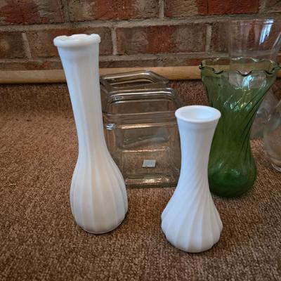 Lot of 9 Assorted Glass and Milk Glass Vases