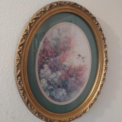 Framed Art Print Flowers and Hummingbird