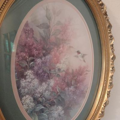 Framed Art Print Flowers and Hummingbird