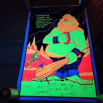 Vintage 1970's Caveman Blacklight Poster Meanest S.O.B. AA Sales Seattle USA Man Cave