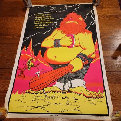 Vintage 1970's Caveman Blacklight Poster Meanest S.O.B. AA Sales Seattle USA Man Cave
