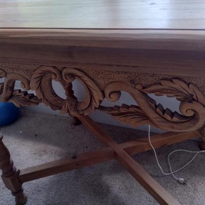 Pine Wood Natural Finish Accent Table with Carved Apron