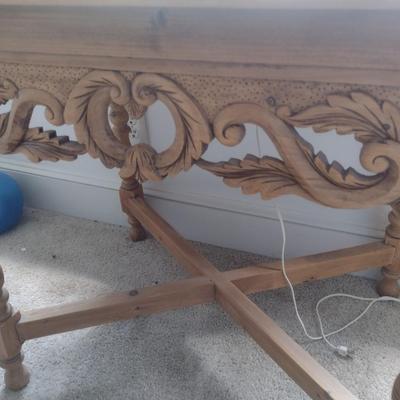 Pine Wood Natural Finish Accent Table with Carved Apron