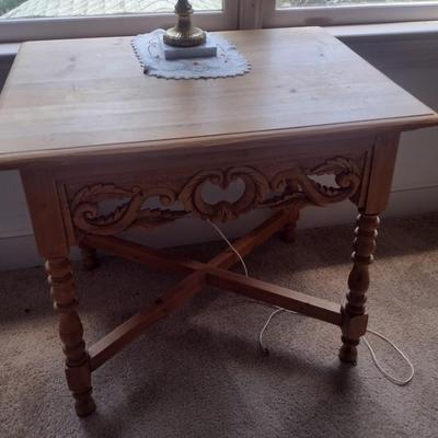 Pine Wood Natural Finish Accent Table with Carved Apron