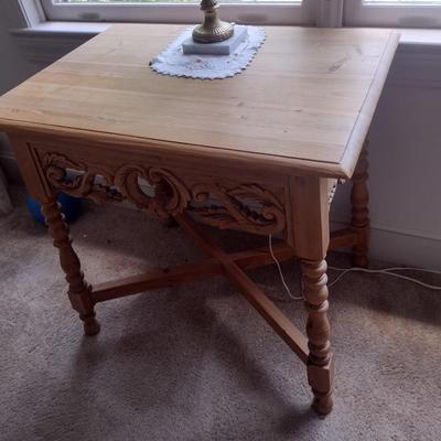 Pine Wood Natural Finish Accent Table with Carved Apron