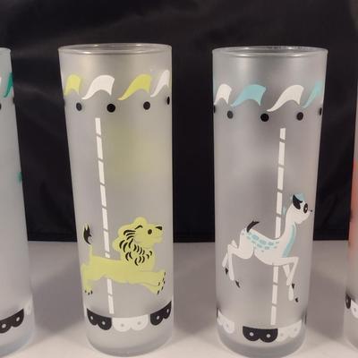 Vintage MCM Libbey Carousel Frosted Highball Glasses- Assorted Designs- Set of Six
