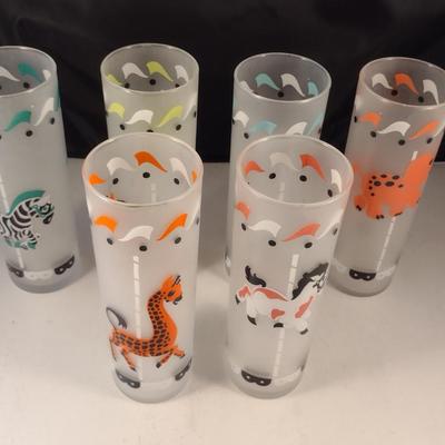 Vintage MCM Libbey Carousel Frosted Highball Glasses- Assorted Designs- Set of Six