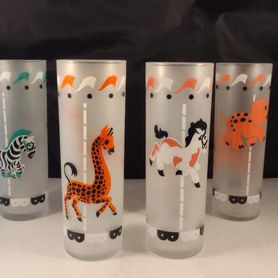 Vintage MCM Libbey Carousel Frosted Highball Glasses- Assorted Designs- Set of Six