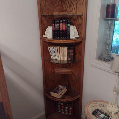 Wood Corner Storage Tower with Glass Inlay Shelves (No Contents) Choice A