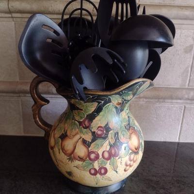 Italian Hand Painted Pitcher with Nice Assortment of Kitchen Utensils
