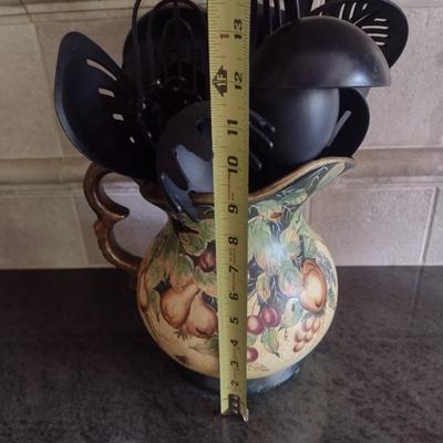 Italian Hand Painted Pitcher with Nice Assortment of Kitchen Utensils