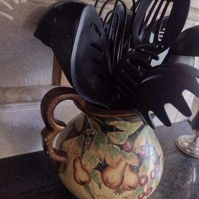 Italian Hand Painted Pitcher with Nice Assortment of Kitchen Utensils