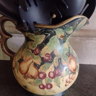 Italian Hand Painted Pitcher with Nice Assortment of Kitchen Utensils