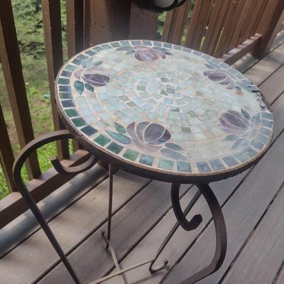 Pair of Matching Mosaic Tile Top Metal Base Plant Stands