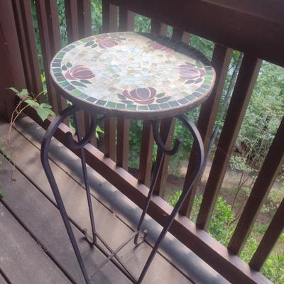 Pair of Matching Mosaic Tile Top Metal Base Plant Stands