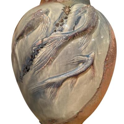 Art Pottery Vase with Koi fish relief/ and stand