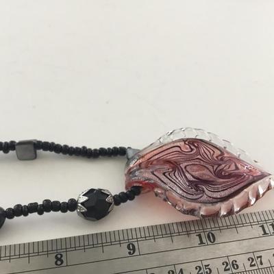 Glass type pendant black beaded necklace