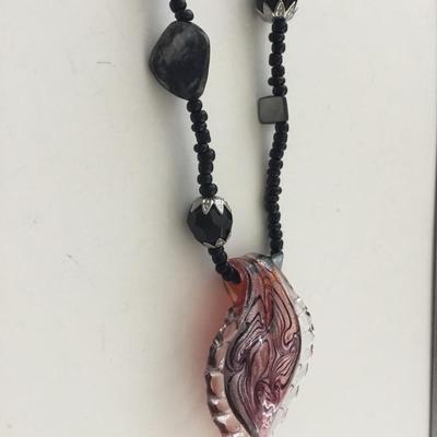 Glass type pendant black beaded necklace
