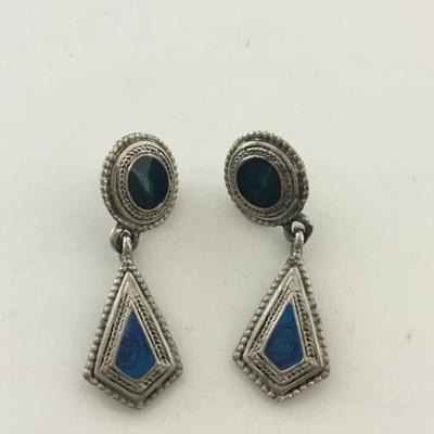 Silver tone dangle green and blue earrings