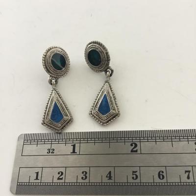 Silver tone dangle green and blue earrings