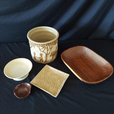 Artisan Carved Stoneware Crock, Turned Wood Platter & More Pottery (FP-BBL)