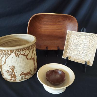 Artisan Carved Stoneware Crock, Turned Wood Platter & More Pottery (FP-BBL)