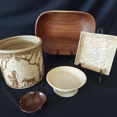 Artisan Carved Stoneware Crock, Turned Wood Platter & More Pottery (FP-BBL)
