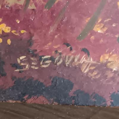SIGNED NATIVE AMERICAN INDIAN OIL PAINTING ON A SLAB OF MARBLE