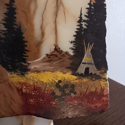 SIGNED NATIVE AMERICAN INDIAN OIL PAINTING ON A SLAB OF MARBLE
