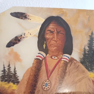 SIGNED NATIVE AMERICAN INDIAN OIL PAINTING ON A SLAB OF MARBLE