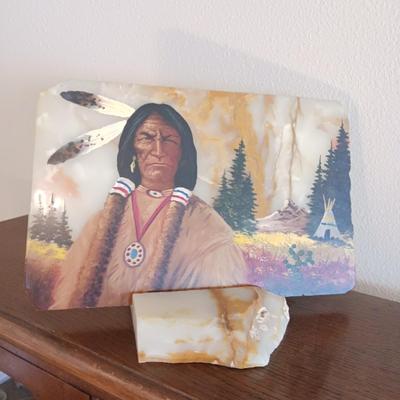 SIGNED NATIVE AMERICAN INDIAN OIL PAINTING ON A SLAB OF MARBLE