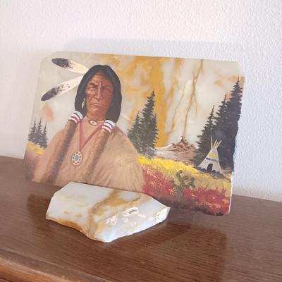 SIGNED NATIVE AMERICAN INDIAN OIL PAINTING ON A SLAB OF MARBLE